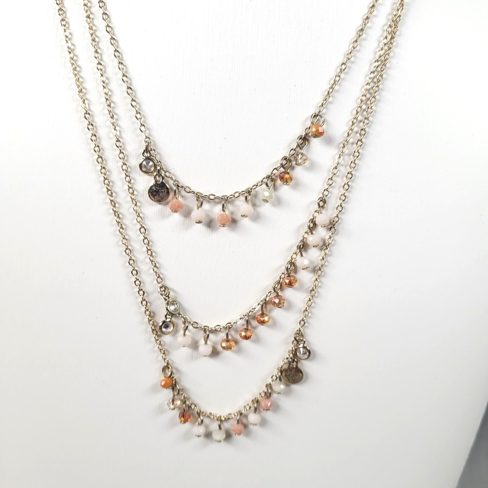 Ann Taylor Loft Gold Tone Triple Layer Necklace Peach Amber Beaded Dangle Boho